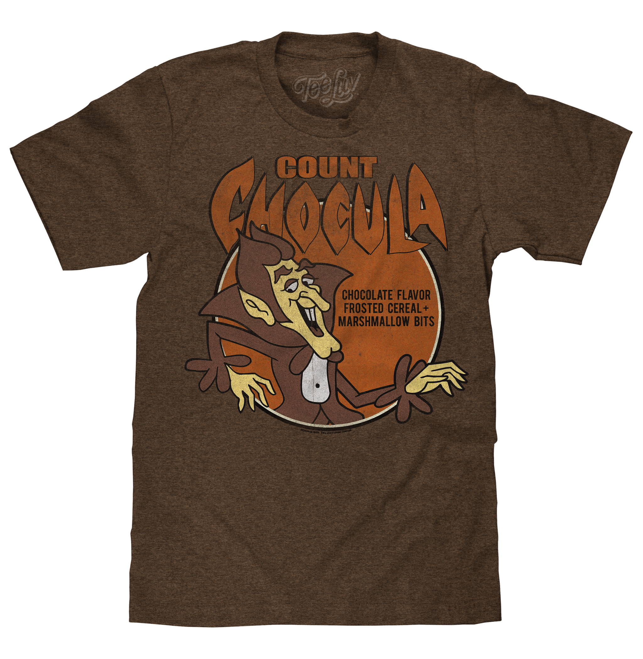Brown t-shirt with Count Chocula graphic design on a white background