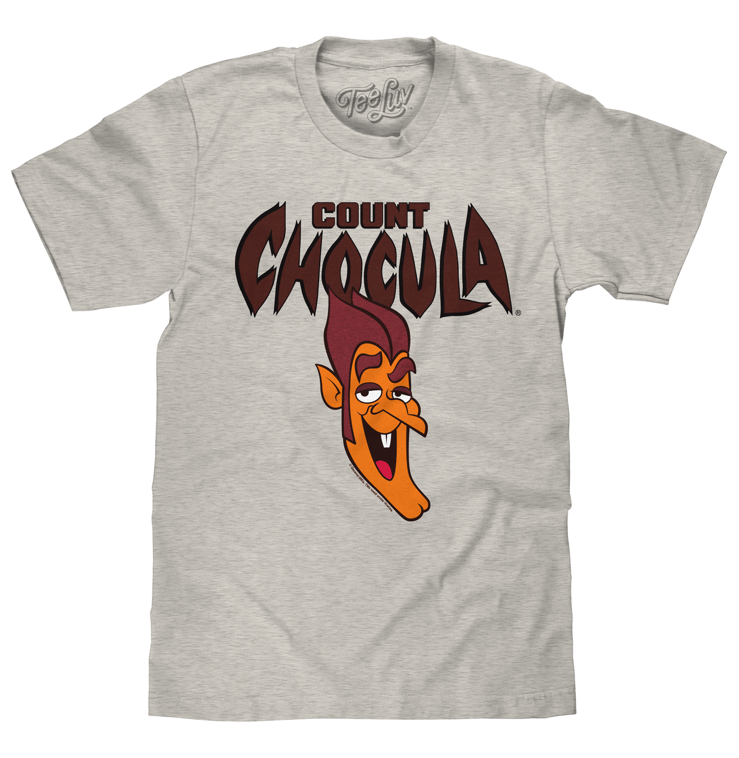 Gray t-shirt with Count Chocula graphic on a white background
