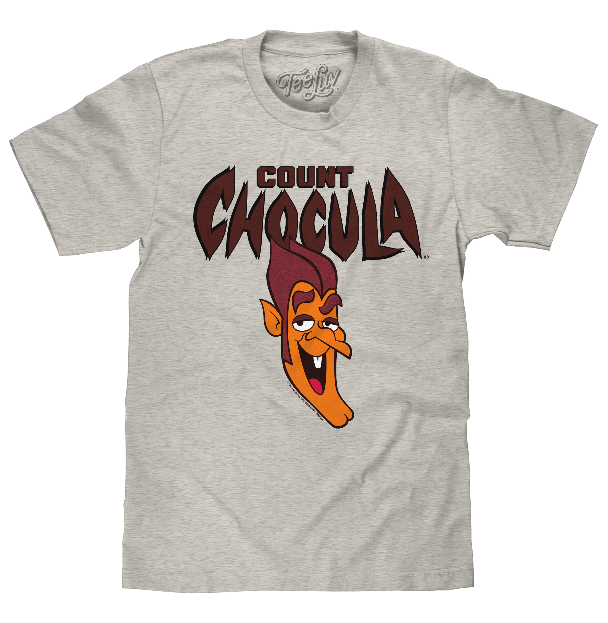 Gray t-shirt with Count Chocula graphic on a white background