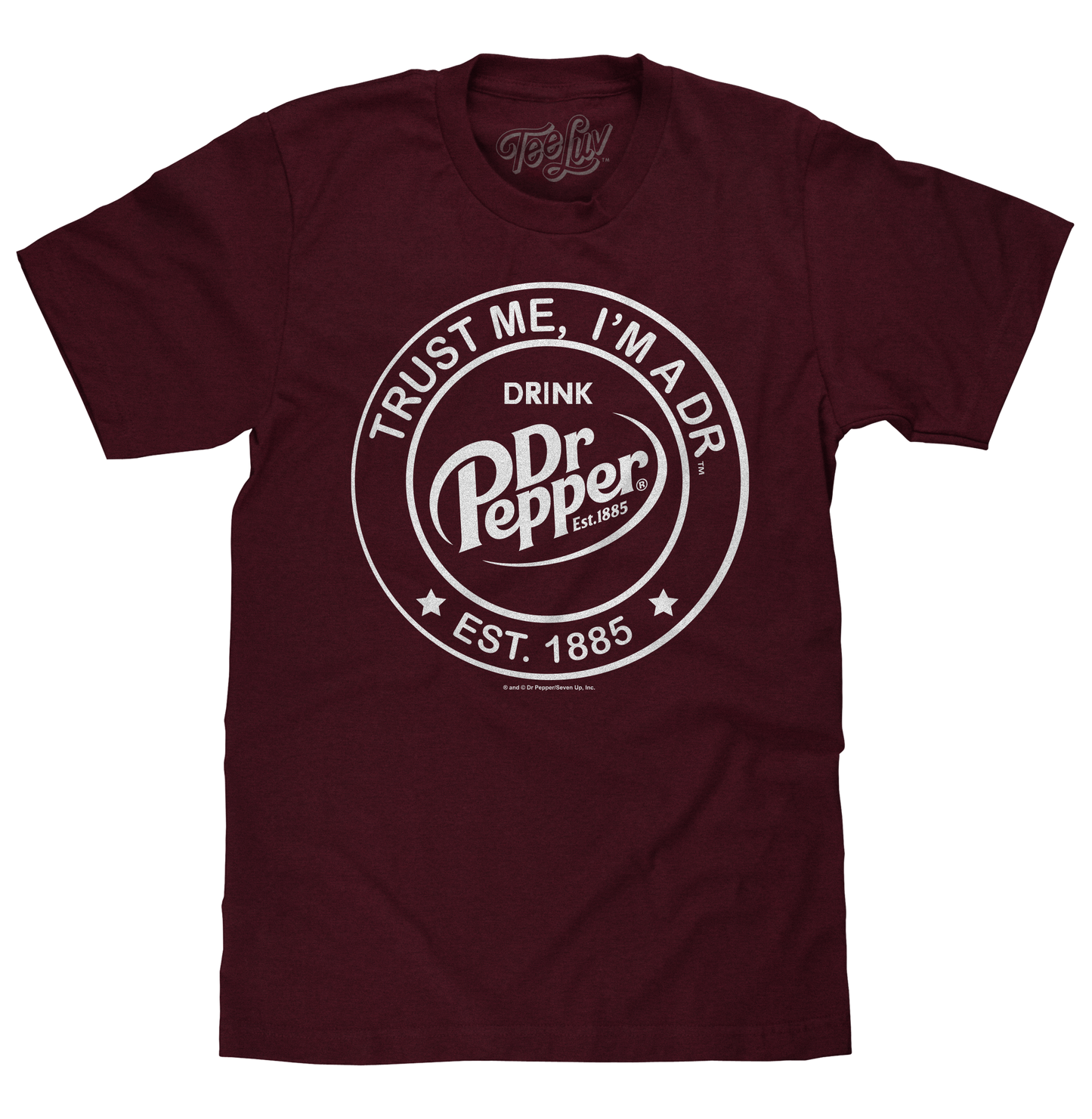 Maroon t-shirt with Dr Pepper logo on a white background
