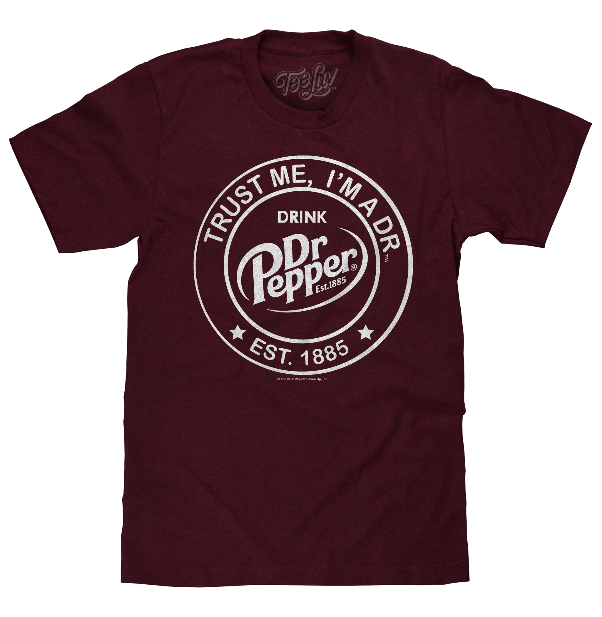 Maroon t-shirt with Dr Pepper logo on a white background