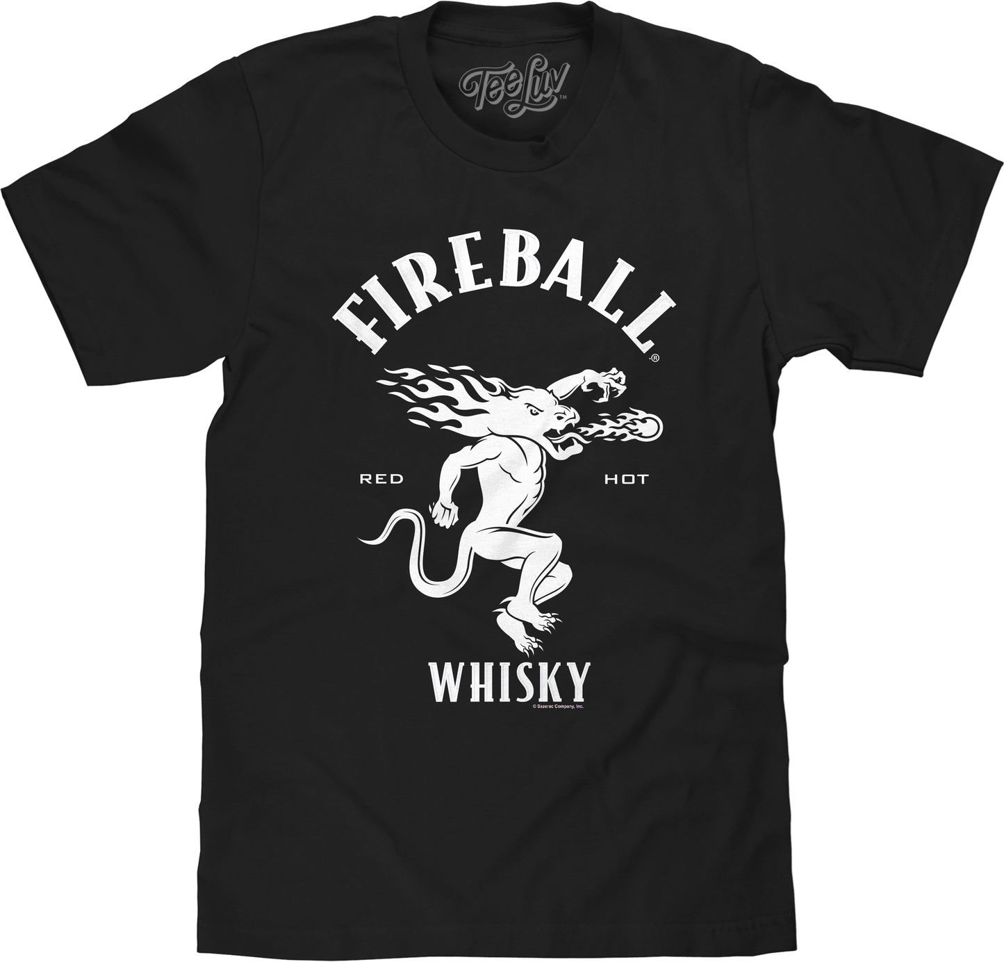 Black t-shirt with Fireball Whisky logo featuring a dragon design on a white background.