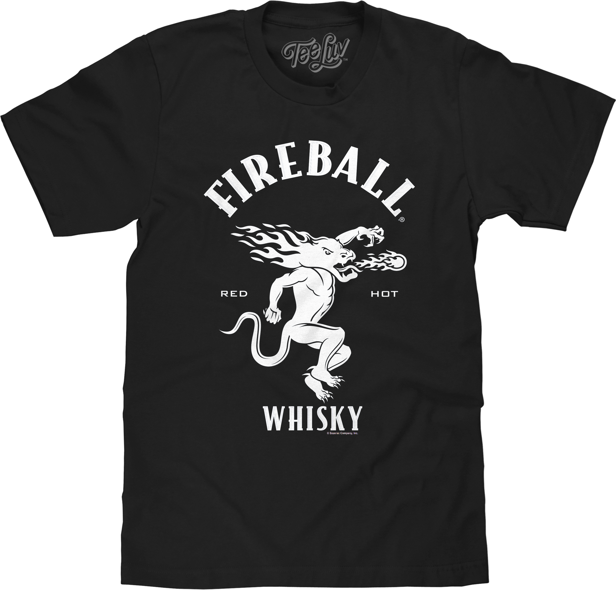 Black t-shirt with Fireball Whisky logo featuring a dragon design on a white background.