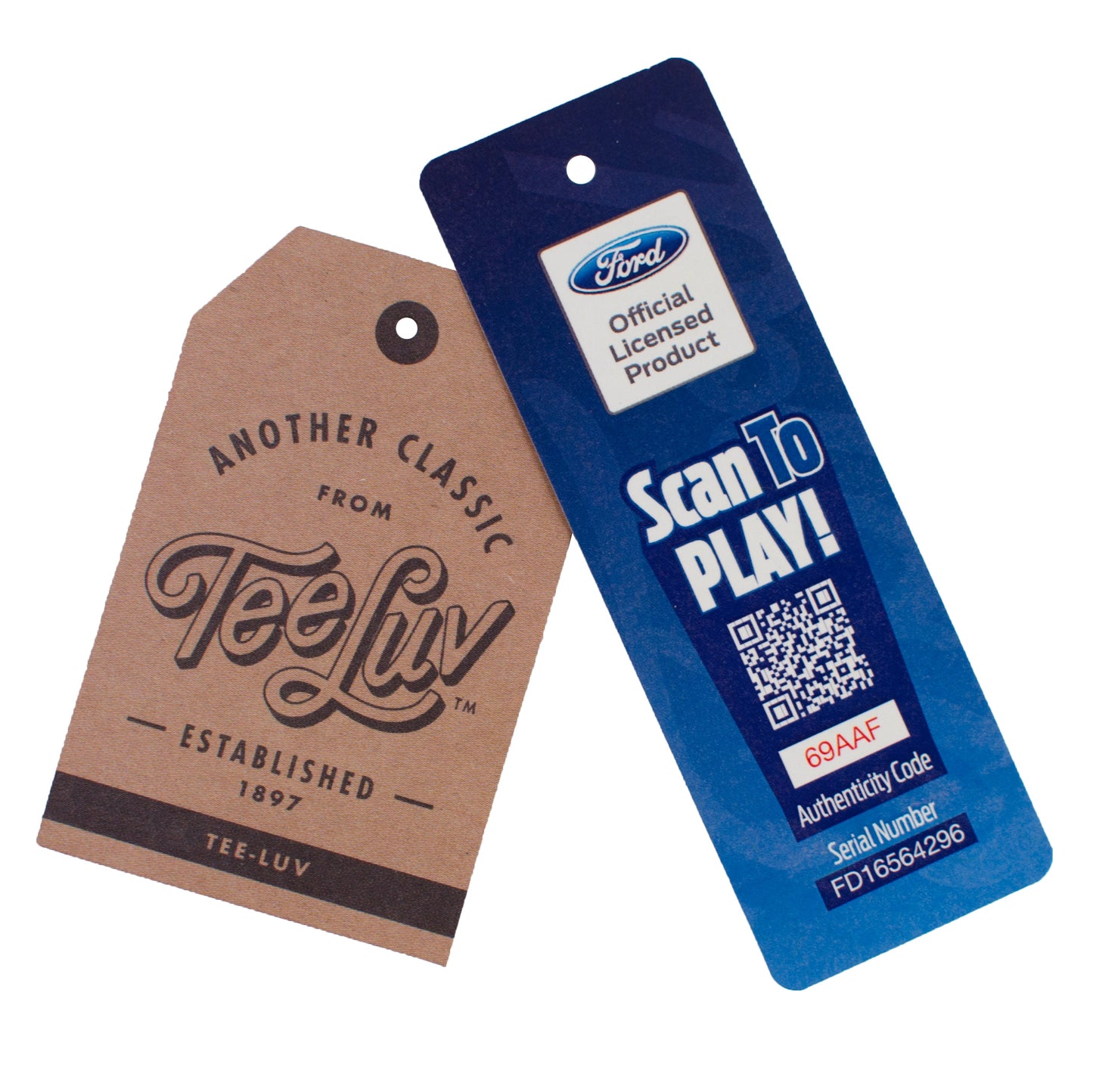 Two product tags, one brown and one blue with a Ford logo, on a white background.