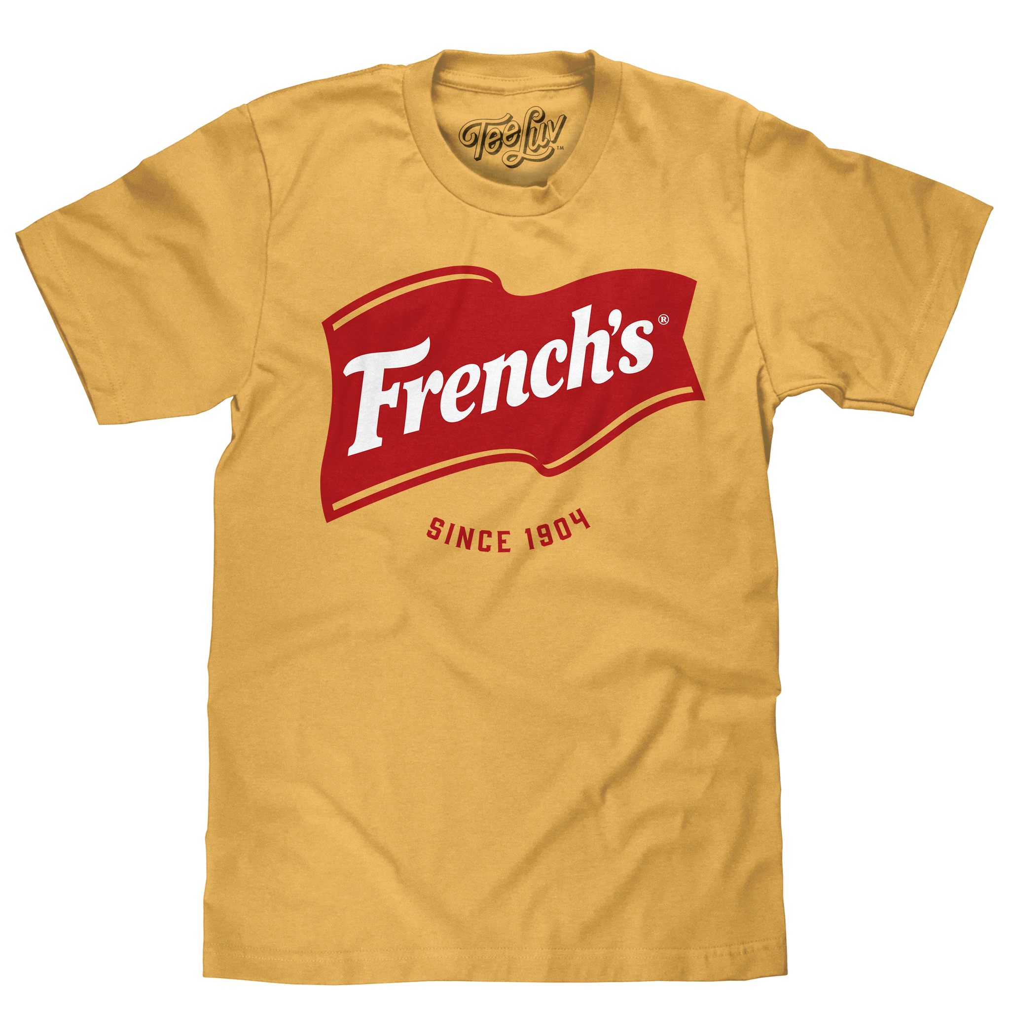 Yellow t-shirt with red and white 'French's' logo on a white background