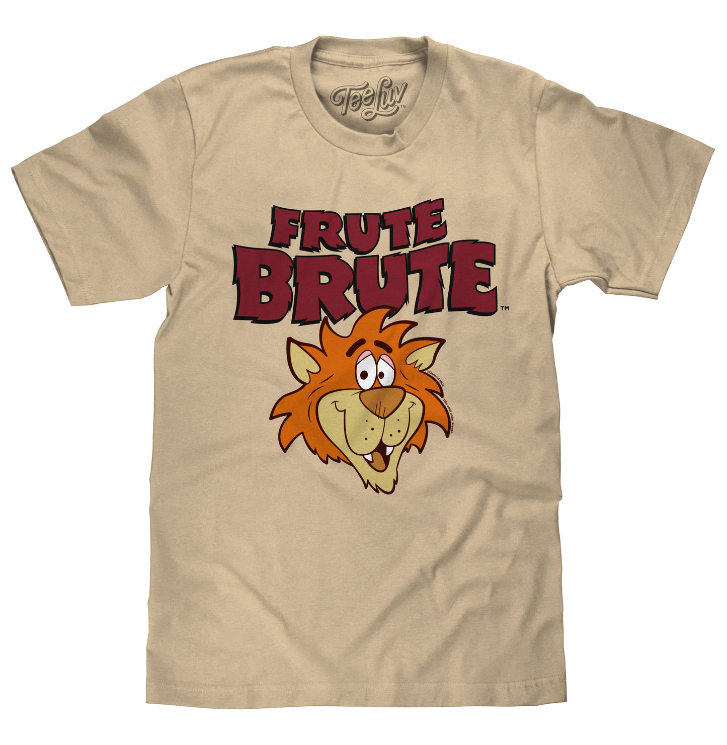Beige t-shirt with cartoon lion and 'Frute Brute' text on a white background