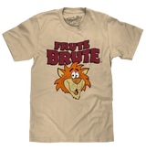 Beige t-shirt with cartoon lion and 'Frute Brute' text on a white background