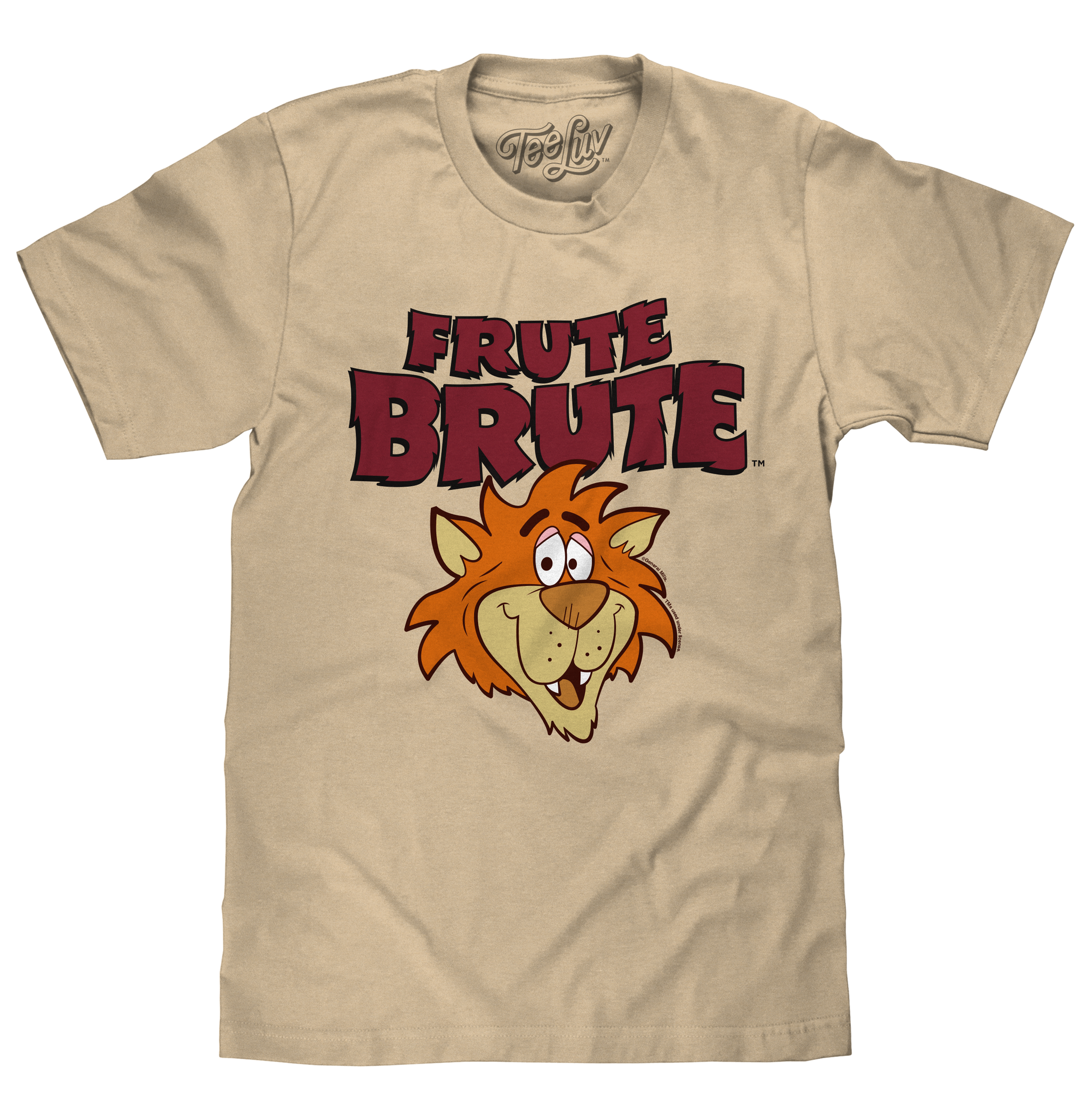 Beige t-shirt with cartoon lion and 'Frute Brute' text on a white background
