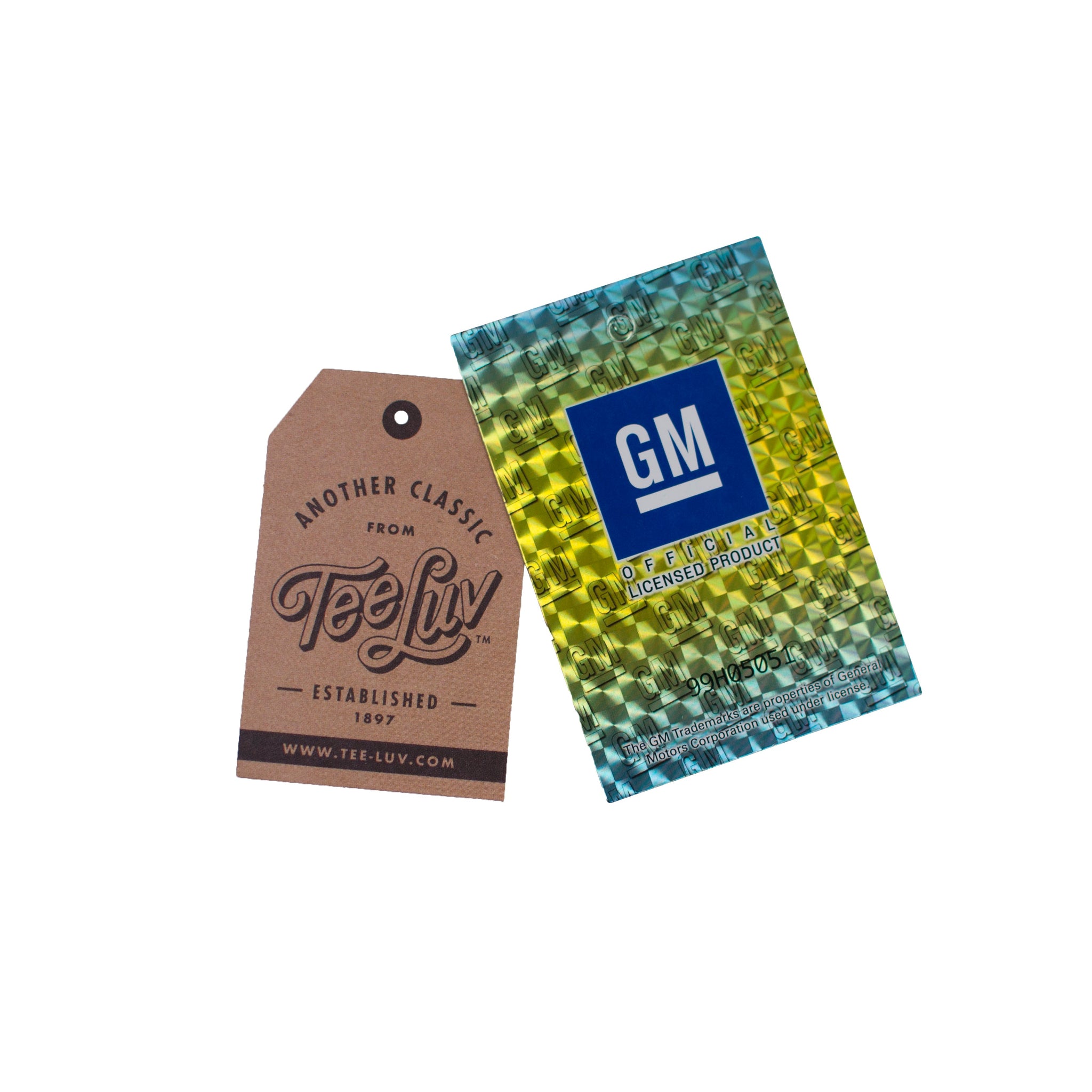 Tag with 'Tee Luv' branding and a colorful GM branded product packaging on a white background