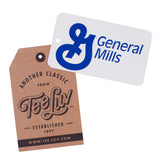 Two product tags, one with General Mills logo and another with Tee Luv branding, on a white background.