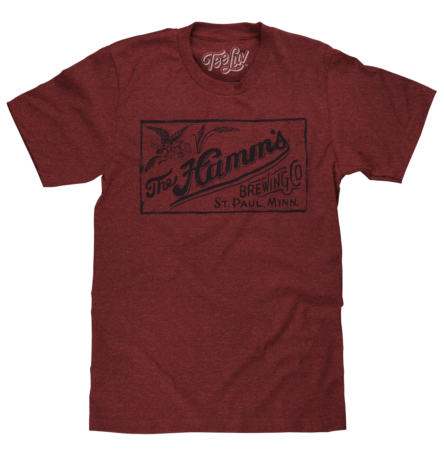 Maroon t-shirt with vintage-style logo on a white background