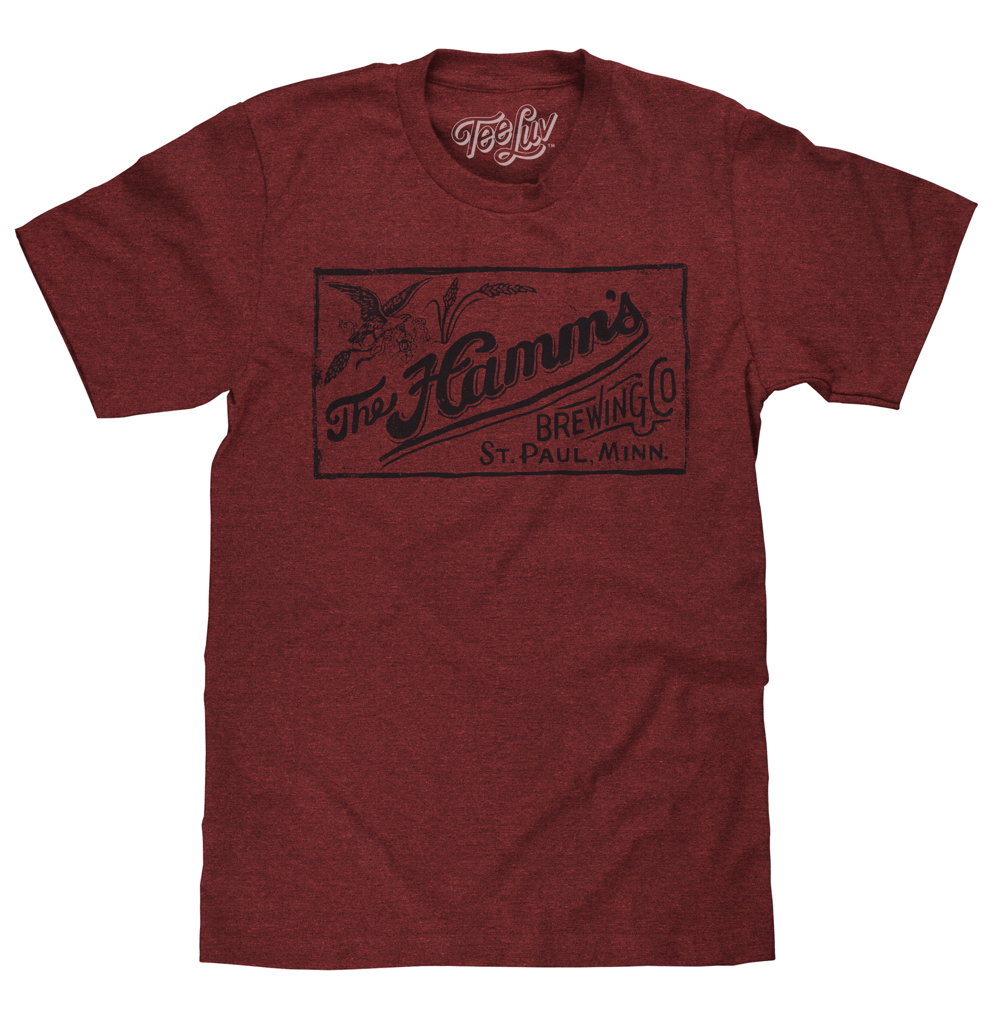 Maroon t-shirt with vintage-style logo on a white background