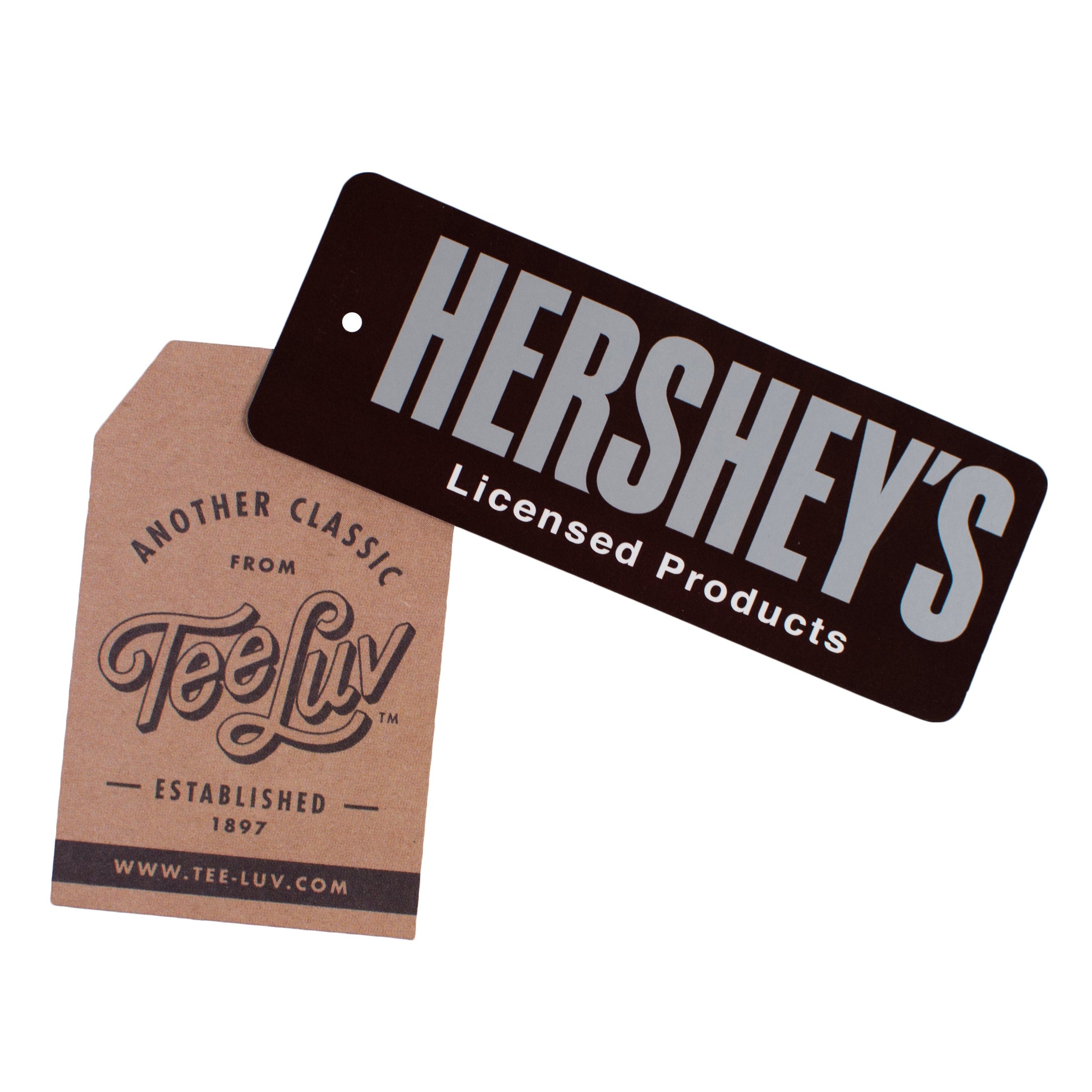 Hershey's branded product tag and Tee Luv branded product tag on a white background