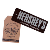 Hershey's branded product tag and Tee Luv branded product tag on a white background