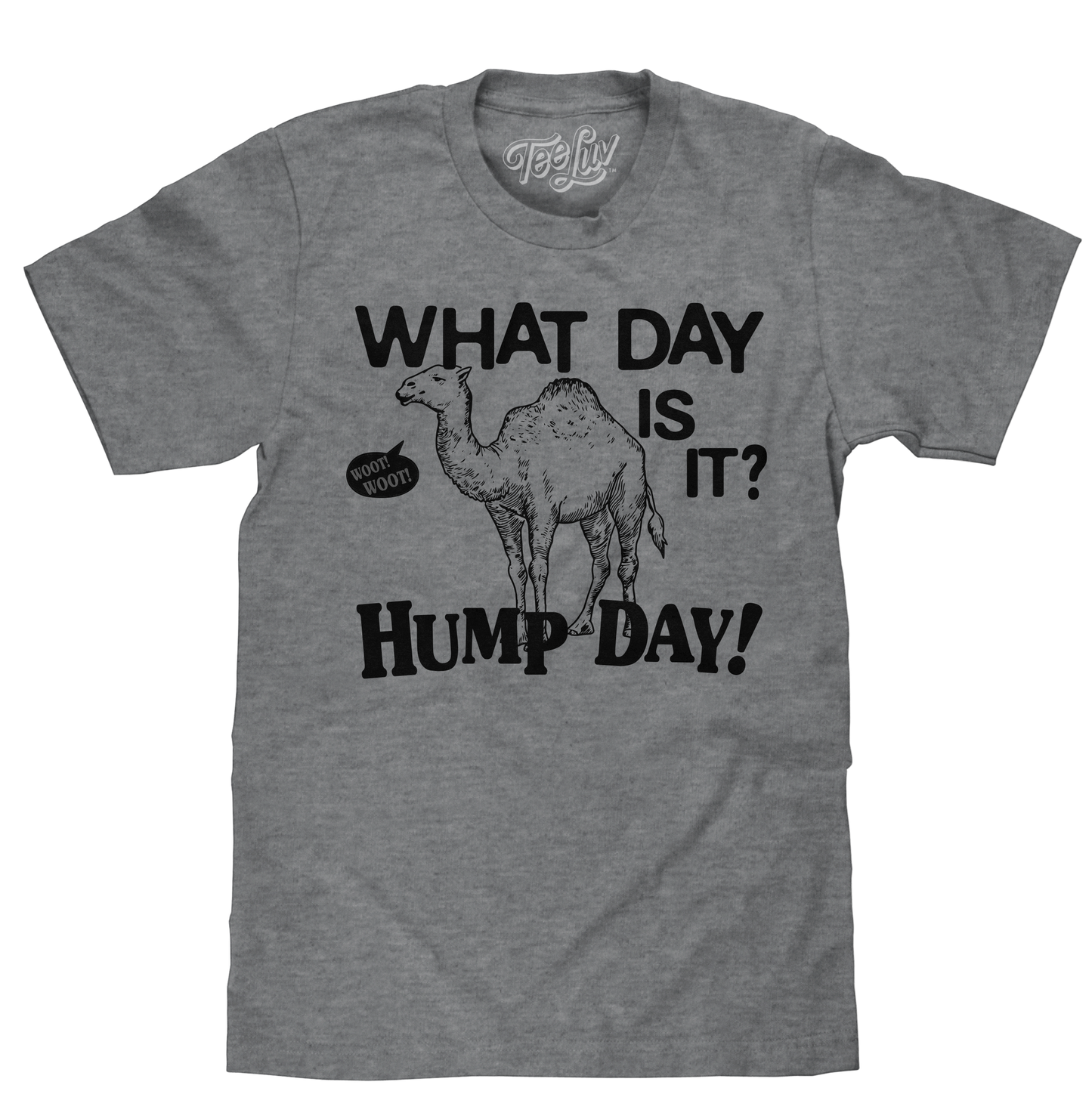 Gray t-shirt with a camel graphic and text 'What day is it? Hump day!' on a white background