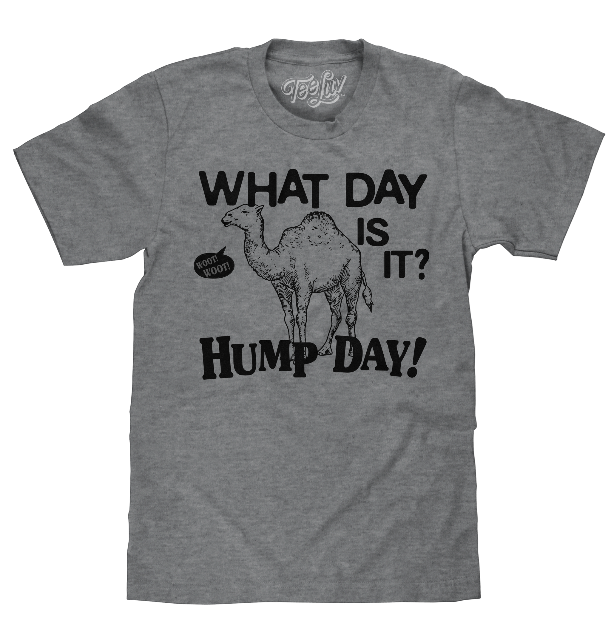 Gray t-shirt with a camel graphic and text 'What day is it? Hump day!' on a white background