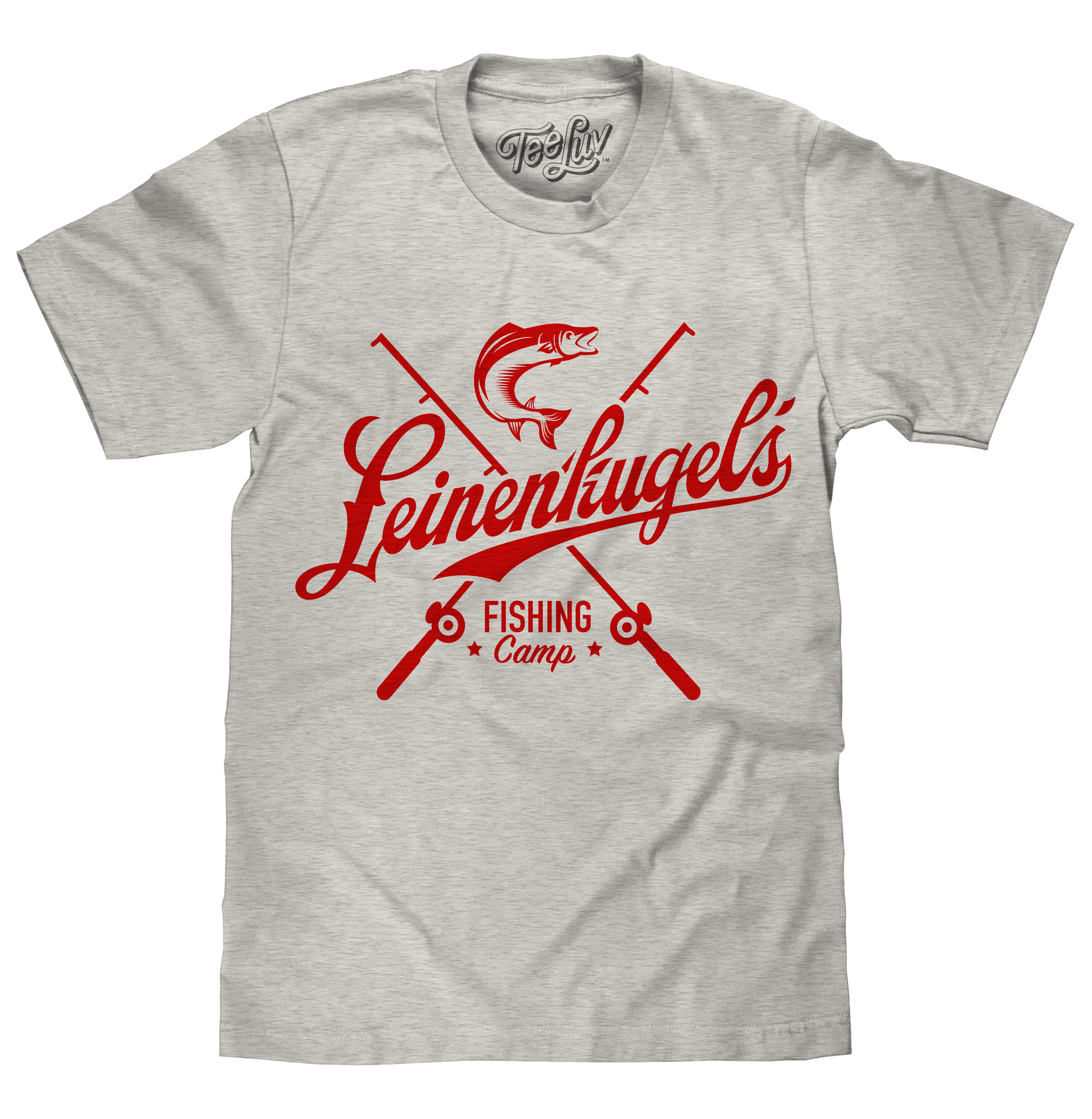 Gray t-shirt with red 'Leinenkugel's Fishing Camp' logo on a white background