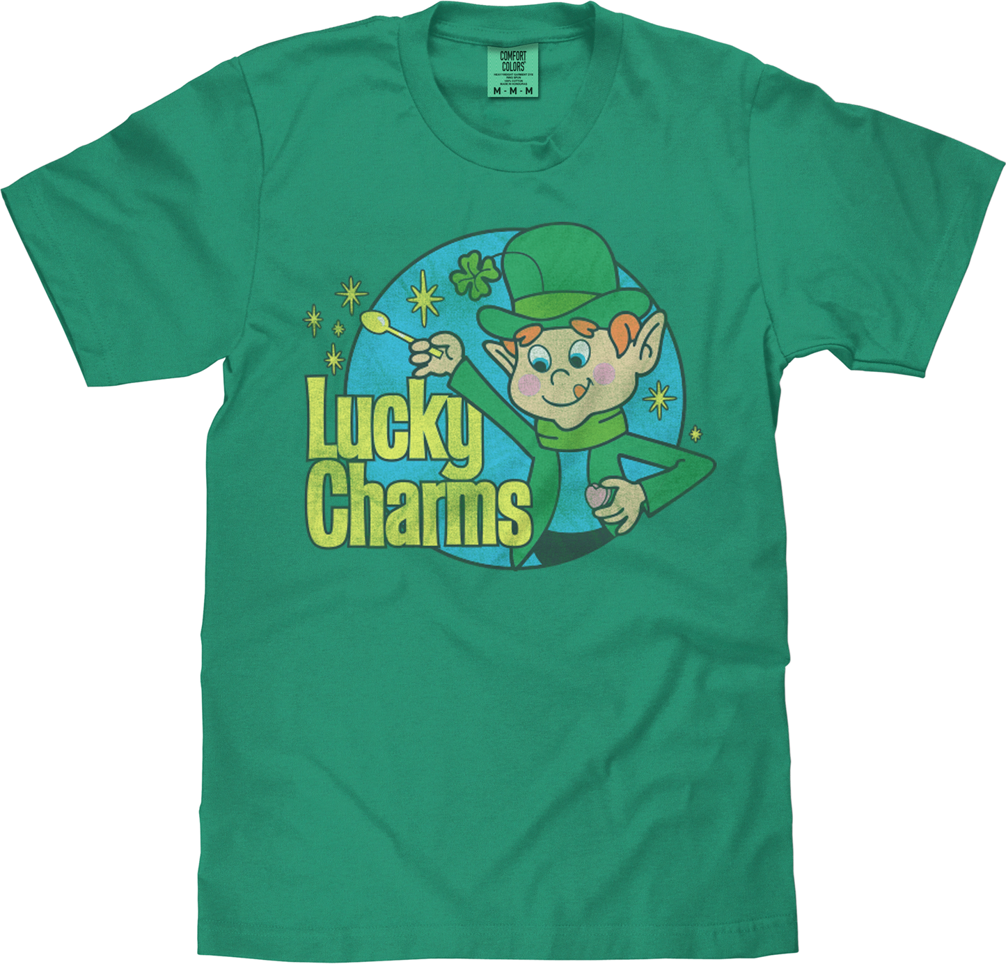 Green t-shirt with a cartoon character and 'Lucky Charms' text on a white background