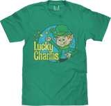Green t-shirt with a cartoon character and 'Lucky Charms' text on a white background