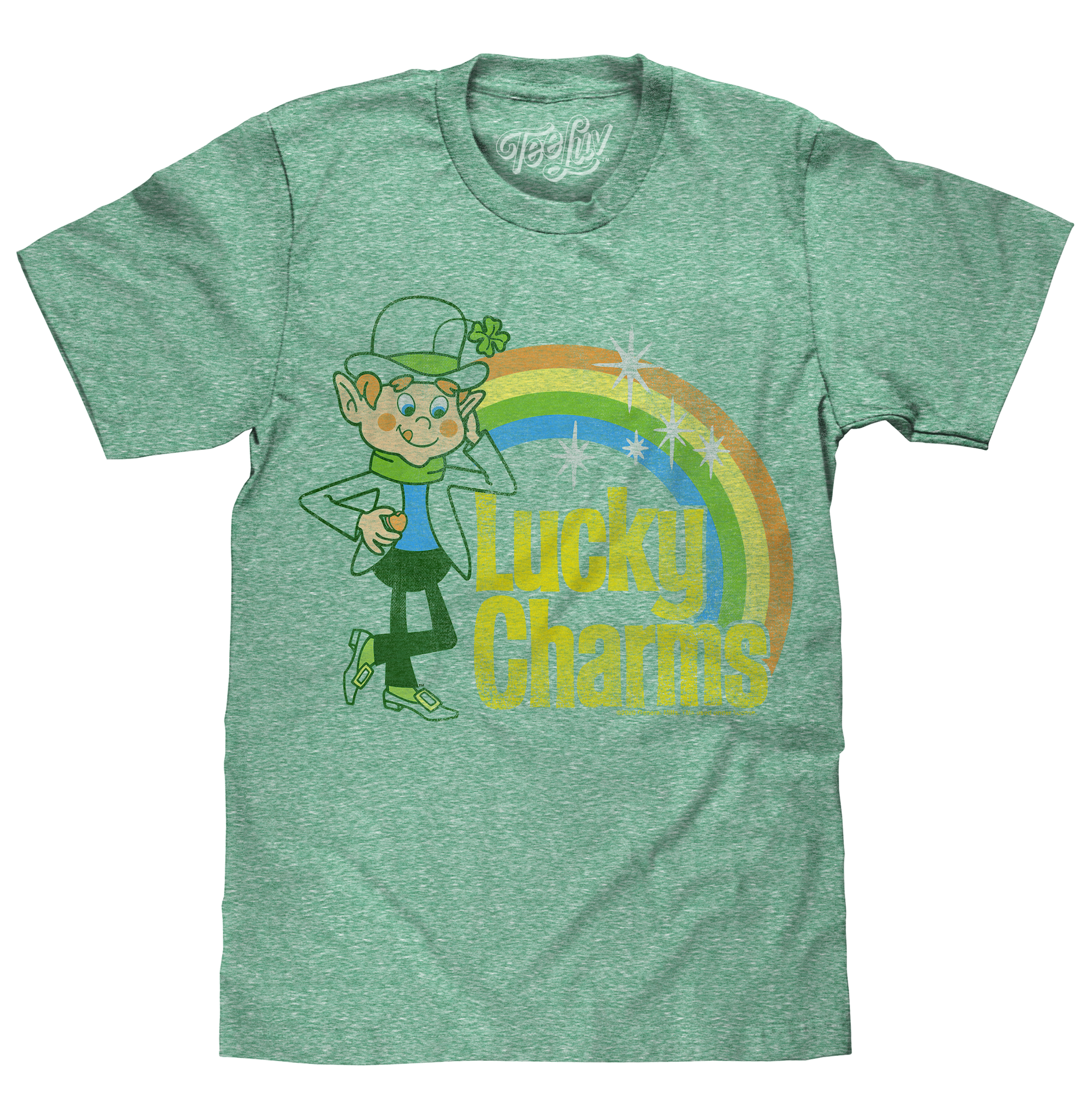 Green t-shirt with a cartoon character and 'Lucky Charms' text on a white background