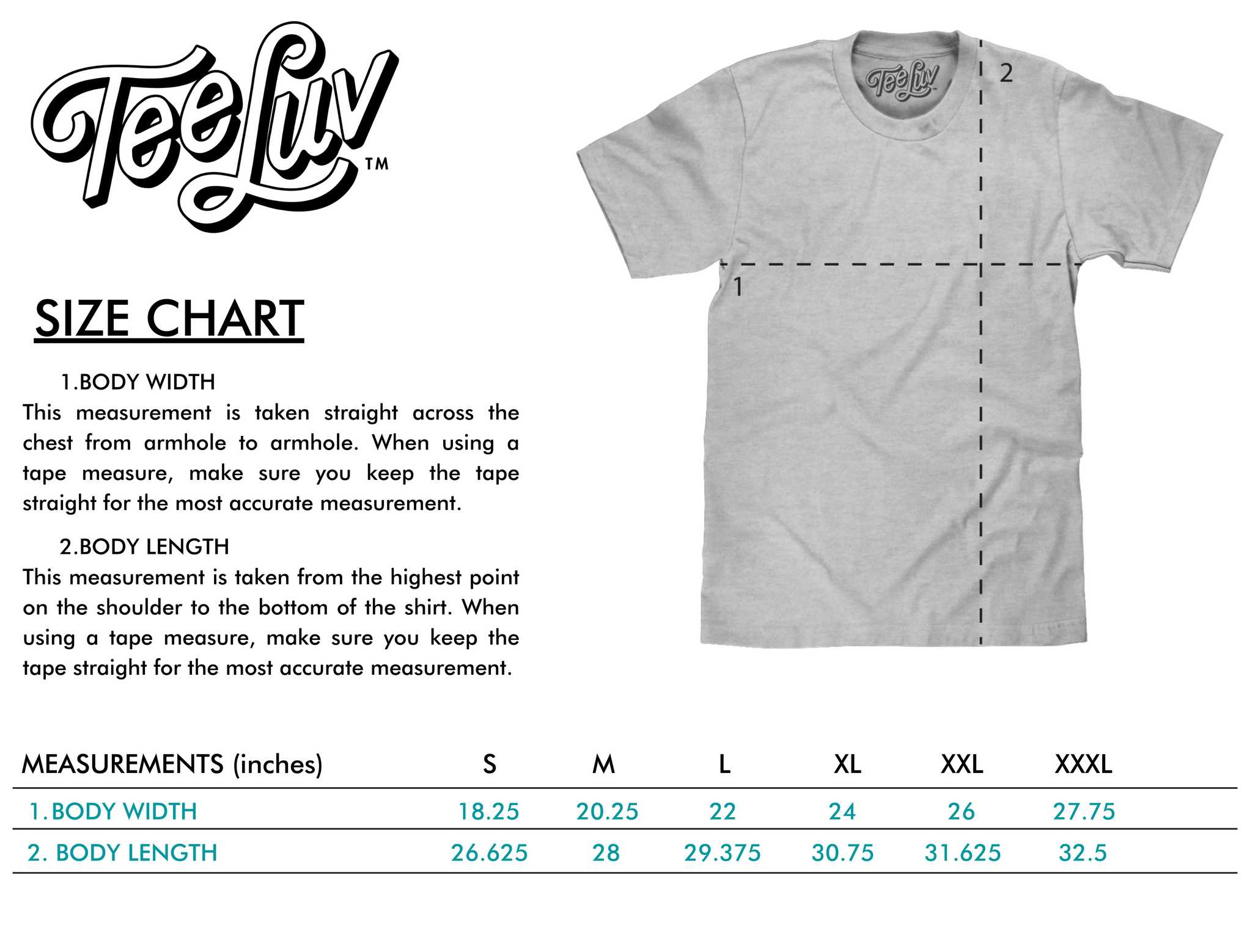 Gray t-shirt with size chart on a white background, featuring TeeLuv branding.