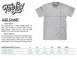 Gray t-shirt with size chart on a white background, featuring TeeLuv branding.