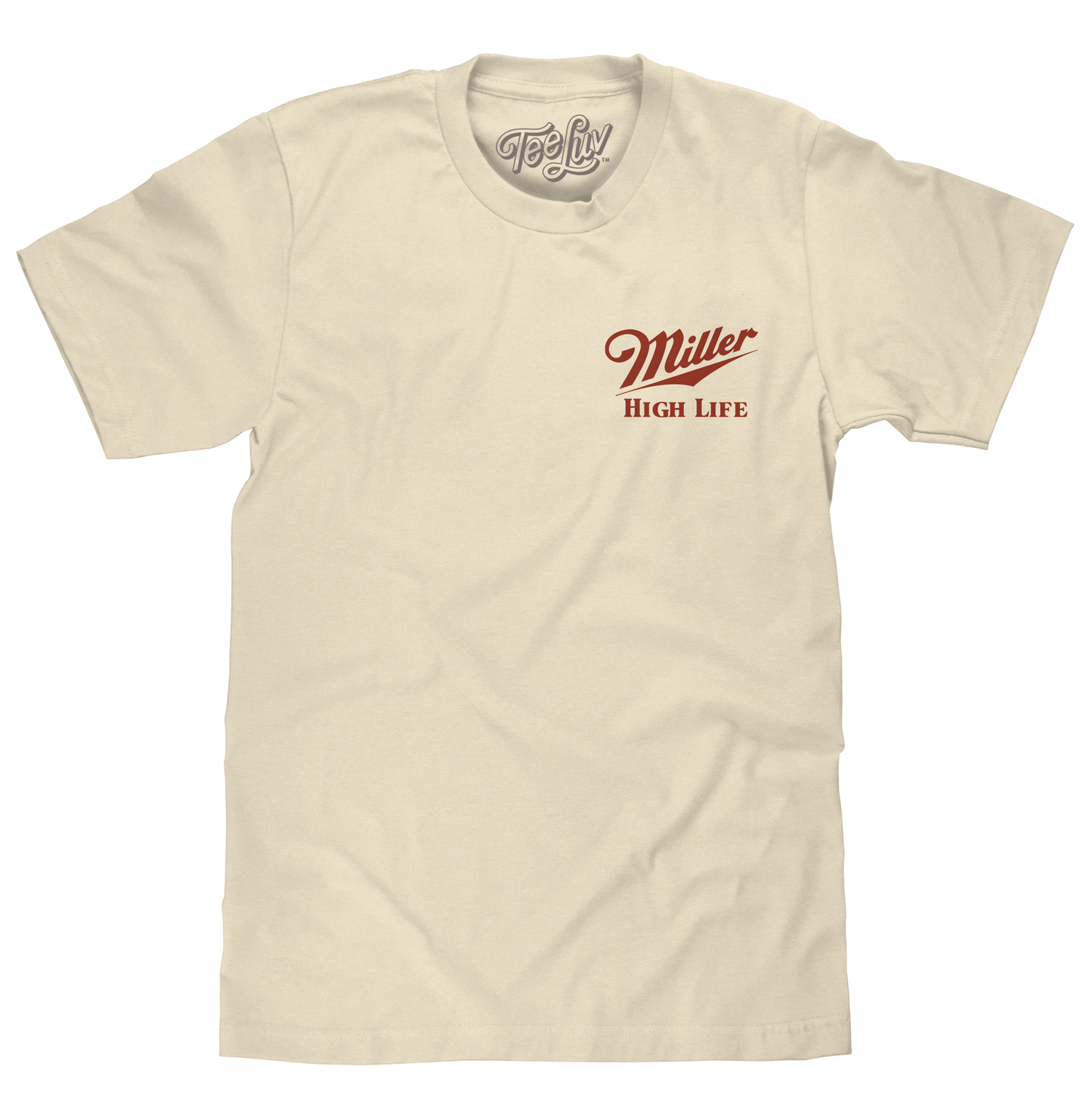 Beige t-shirt with red 'Miller High Life' logo on a white background