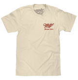 Beige t-shirt with red 'Miller High Life' logo on a white background