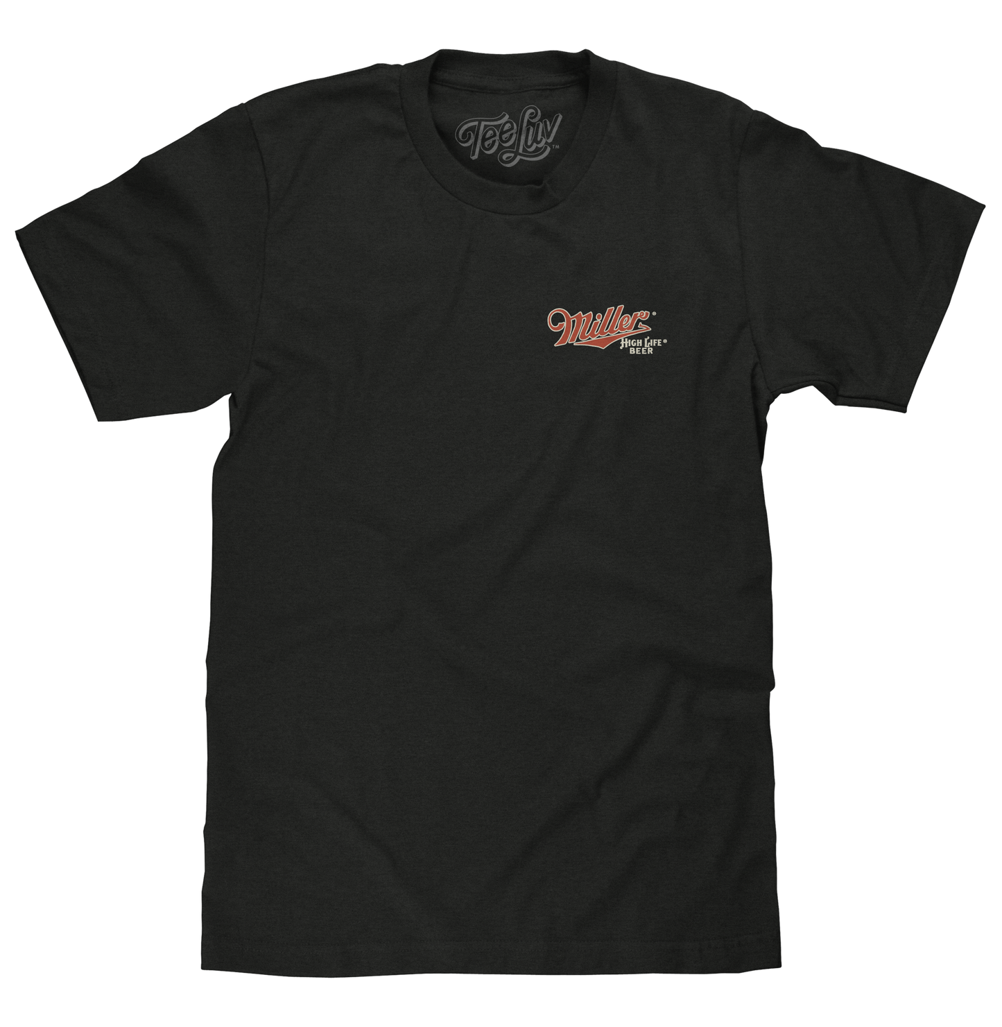 Black t-shirt with a logo on the chest against a white background