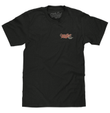 Black t-shirt with a logo on the chest against a white background