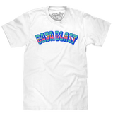 White t-shirt with 'Baja Blast' colorful text design on a white background