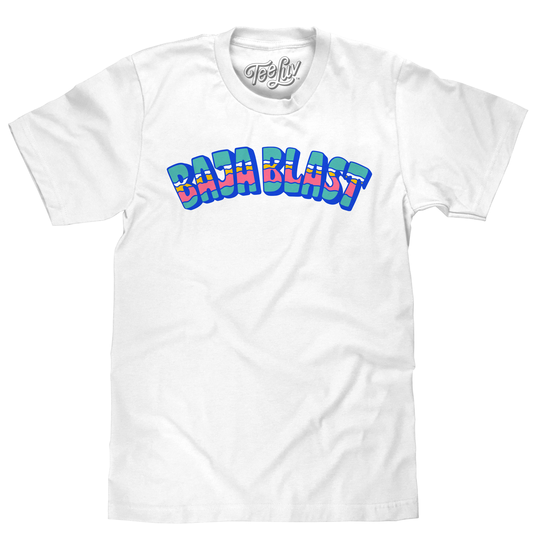 White t-shirt with 'Baja Blast' colorful text design on a white background
