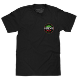 Black t-shirt with a circular logo on the chest against a white background
