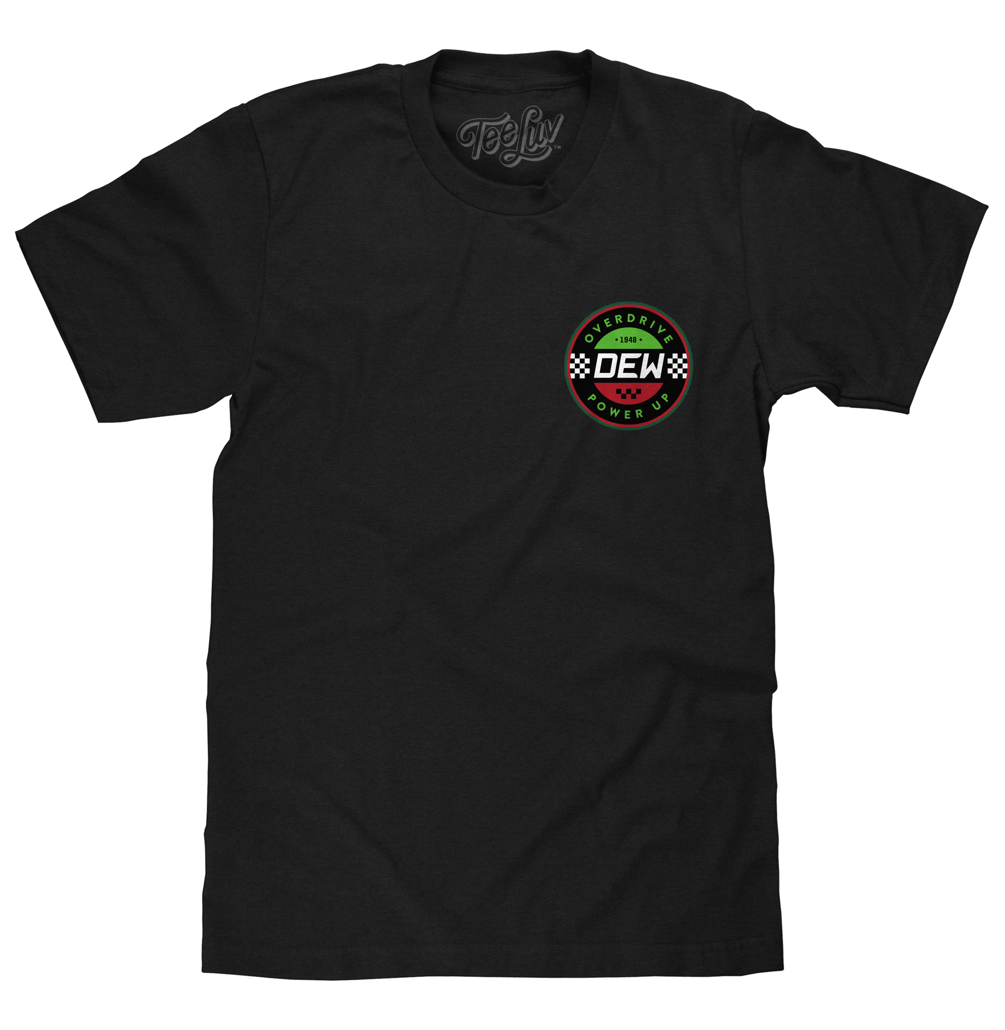 Black t-shirt with a circular logo on the chest against a white background