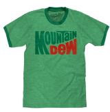 Green t-shirt with 'Mountain Dew' text on a white background