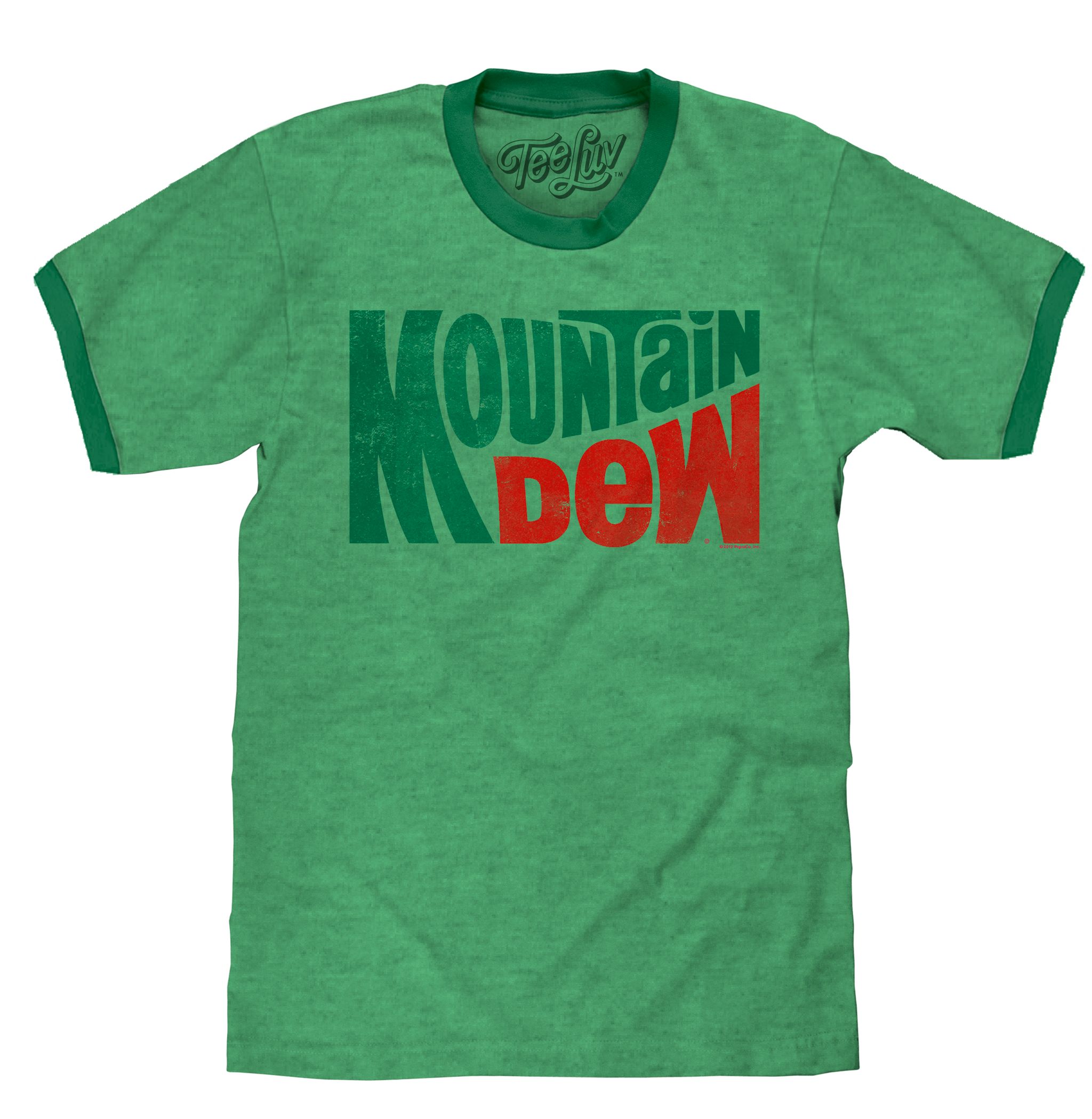 Green t-shirt with 'Mountain Dew' text on a white background