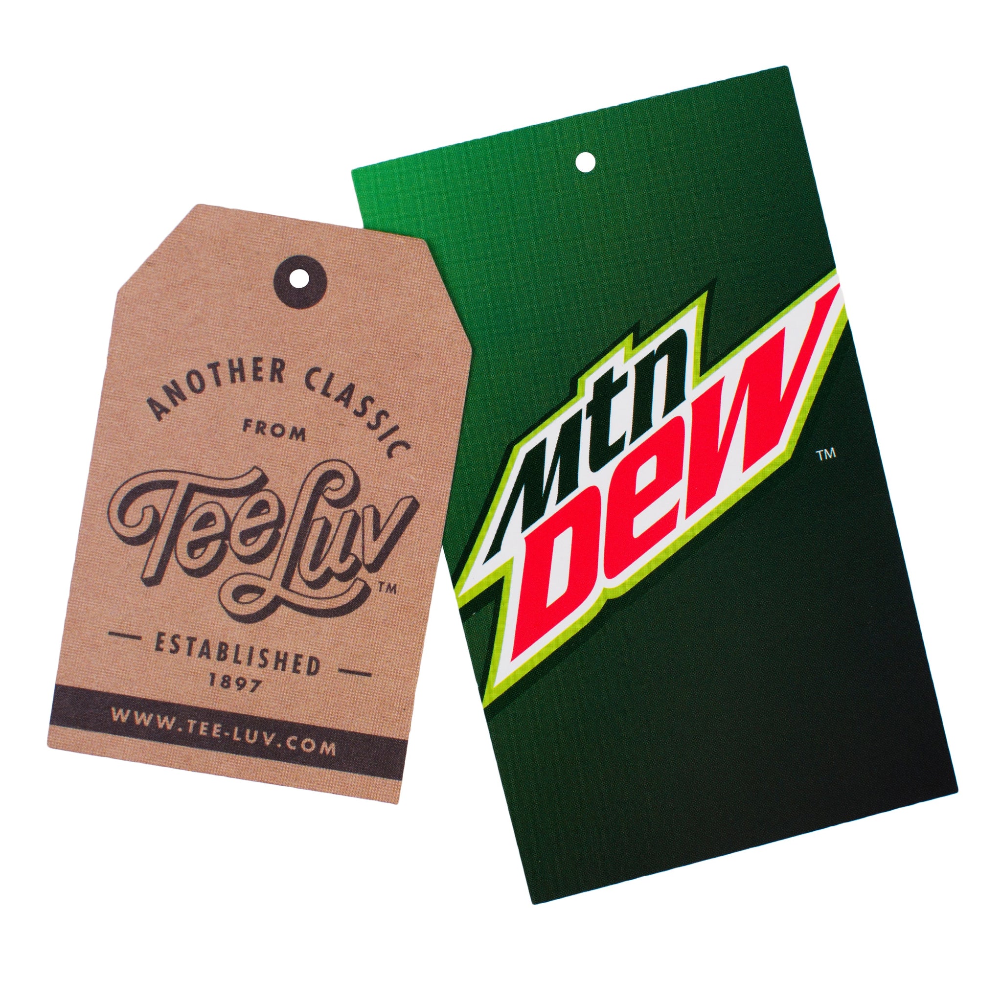 Two product tags, one brown and one green with red and white text, on a white background.