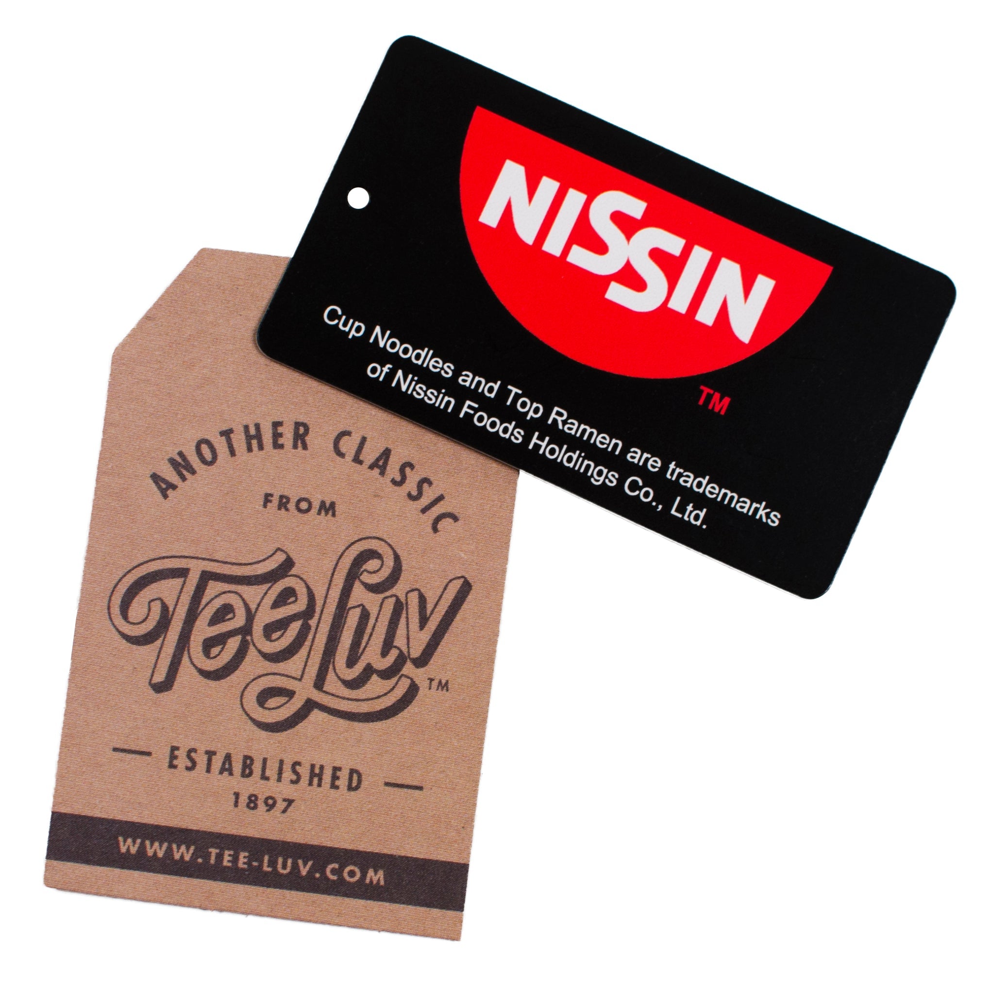 Nissin branded card and Tee Luv branded box on a white background