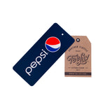 Pepsi logo on a blue tag with a brown 'Tee Luv' tag next to it.
