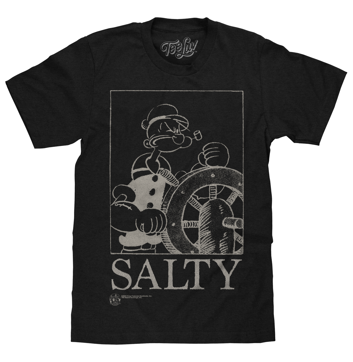 Black t-shirt with a graphic of a character at the helm and the word 'Salty' on a white background.