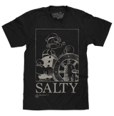 Black t-shirt with a graphic of a character at the helm and the word 'Salty' on a white background.
