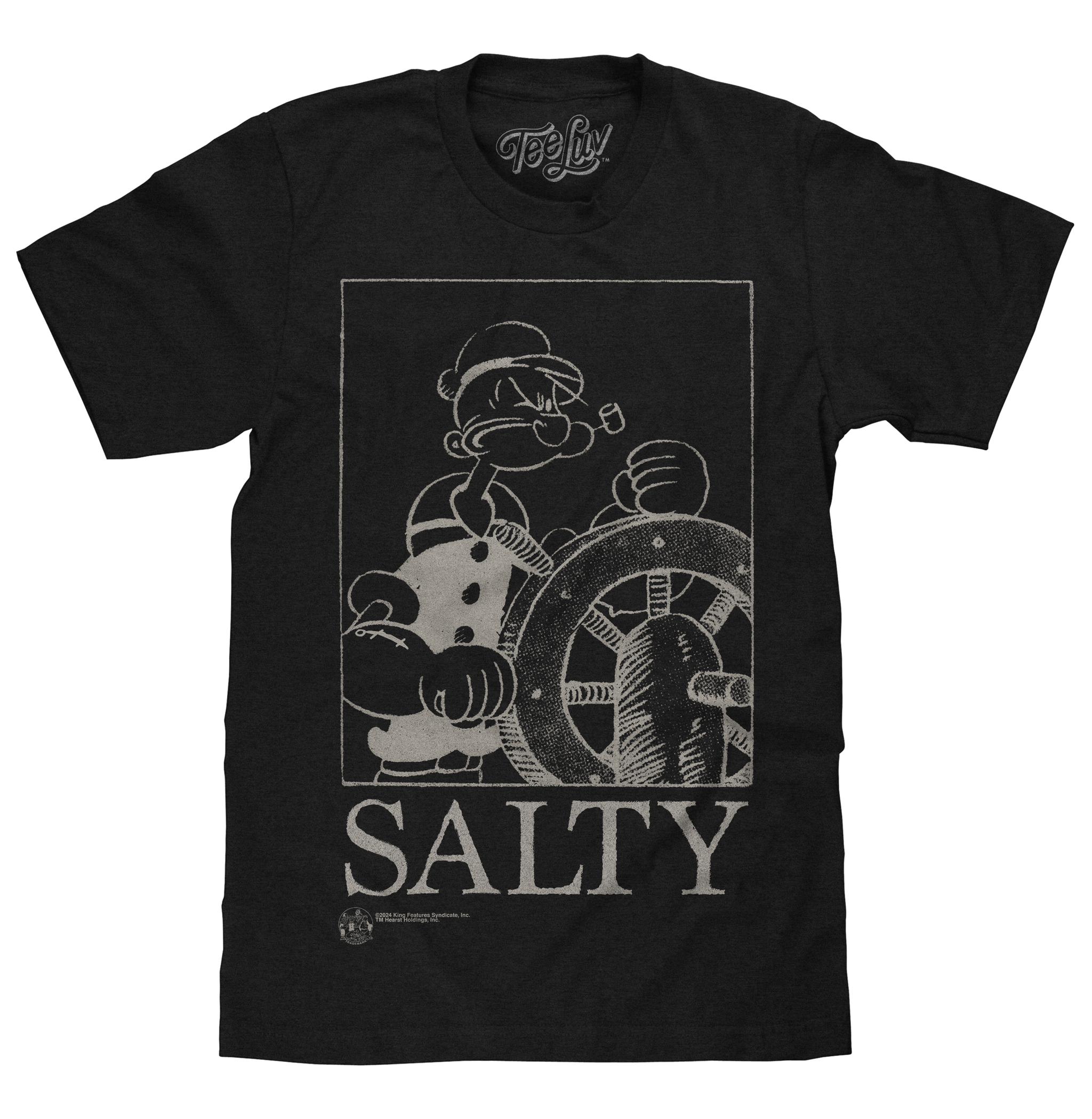 Black t-shirt with a graphic of a character at the helm and the word 'Salty' on a white background.