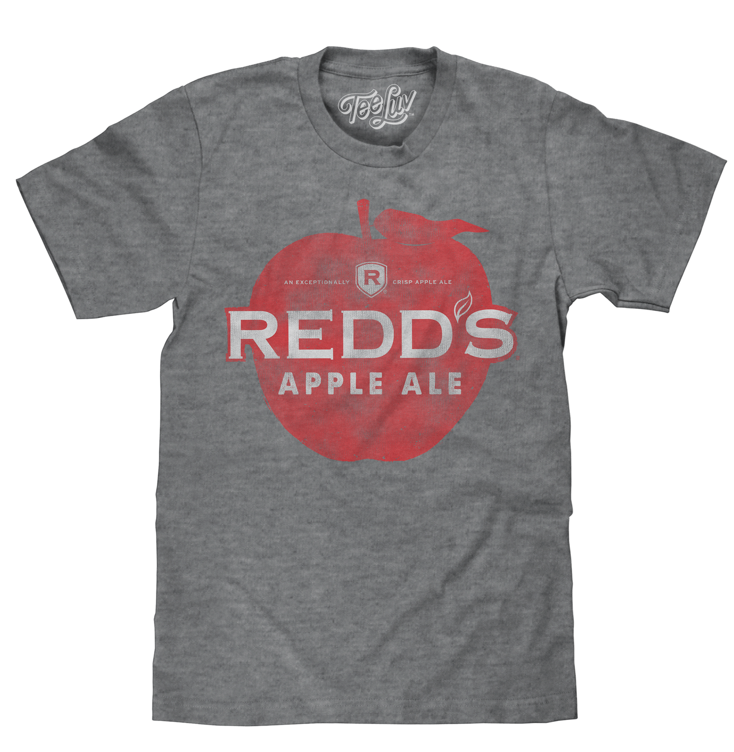 Gray t-shirt with red apple graphic and 'Redd's Apple Ale' text on a white background