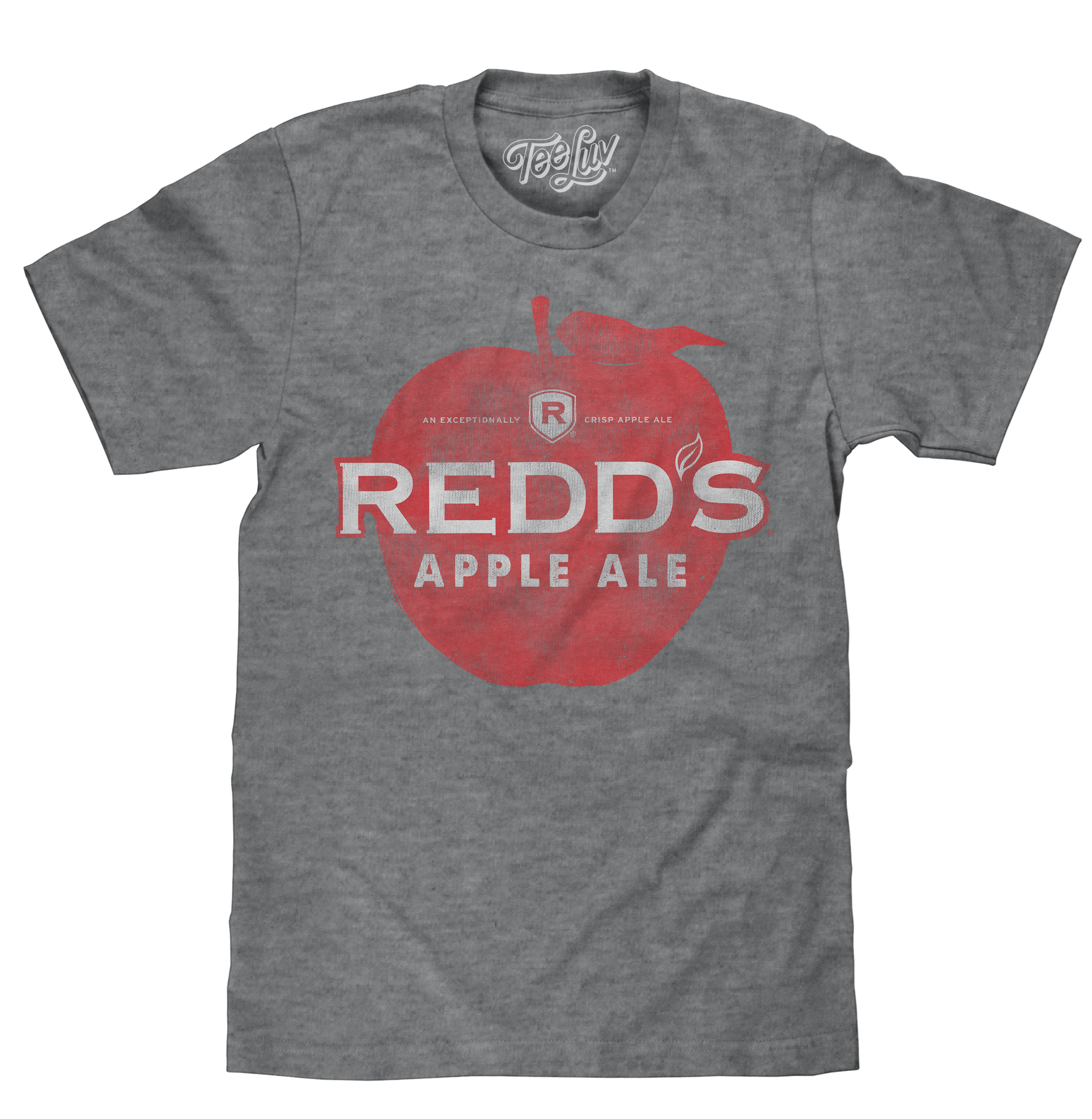 Gray t-shirt with red apple graphic and 'Redd's Apple Ale' text on a white background