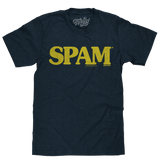 Black t-shirt with yellow 'SPAM' logo on a white background