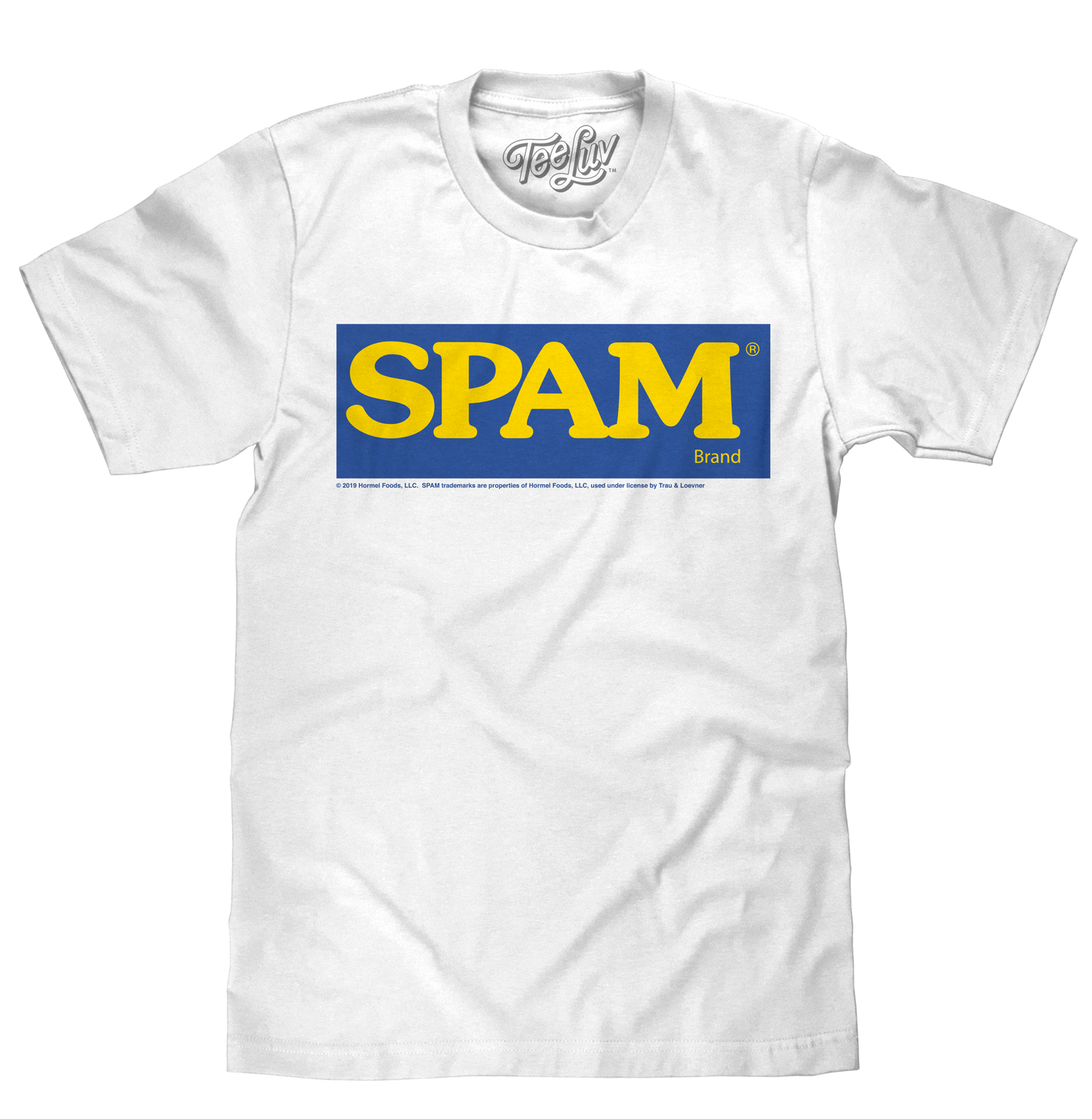 White t-shirt with a blue and yellow 'SPAM' logo on a white background