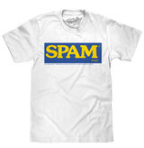 White t-shirt with a blue and yellow 'SPAM' logo on a white background