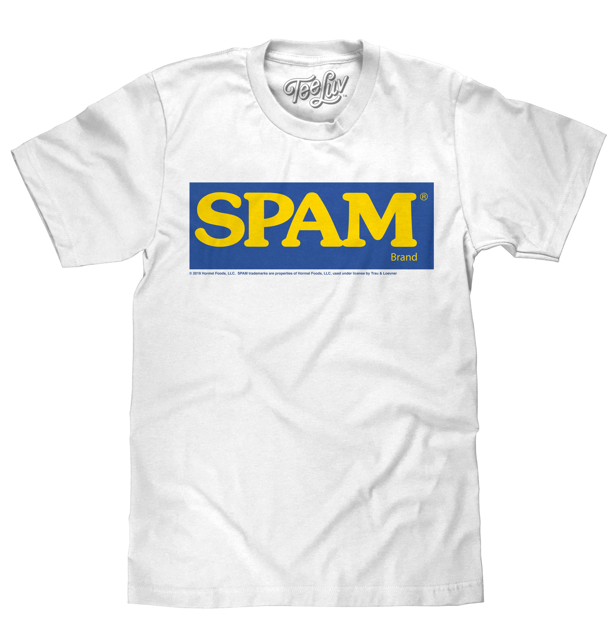 White t-shirt with a blue and yellow 'SPAM' logo on a white background