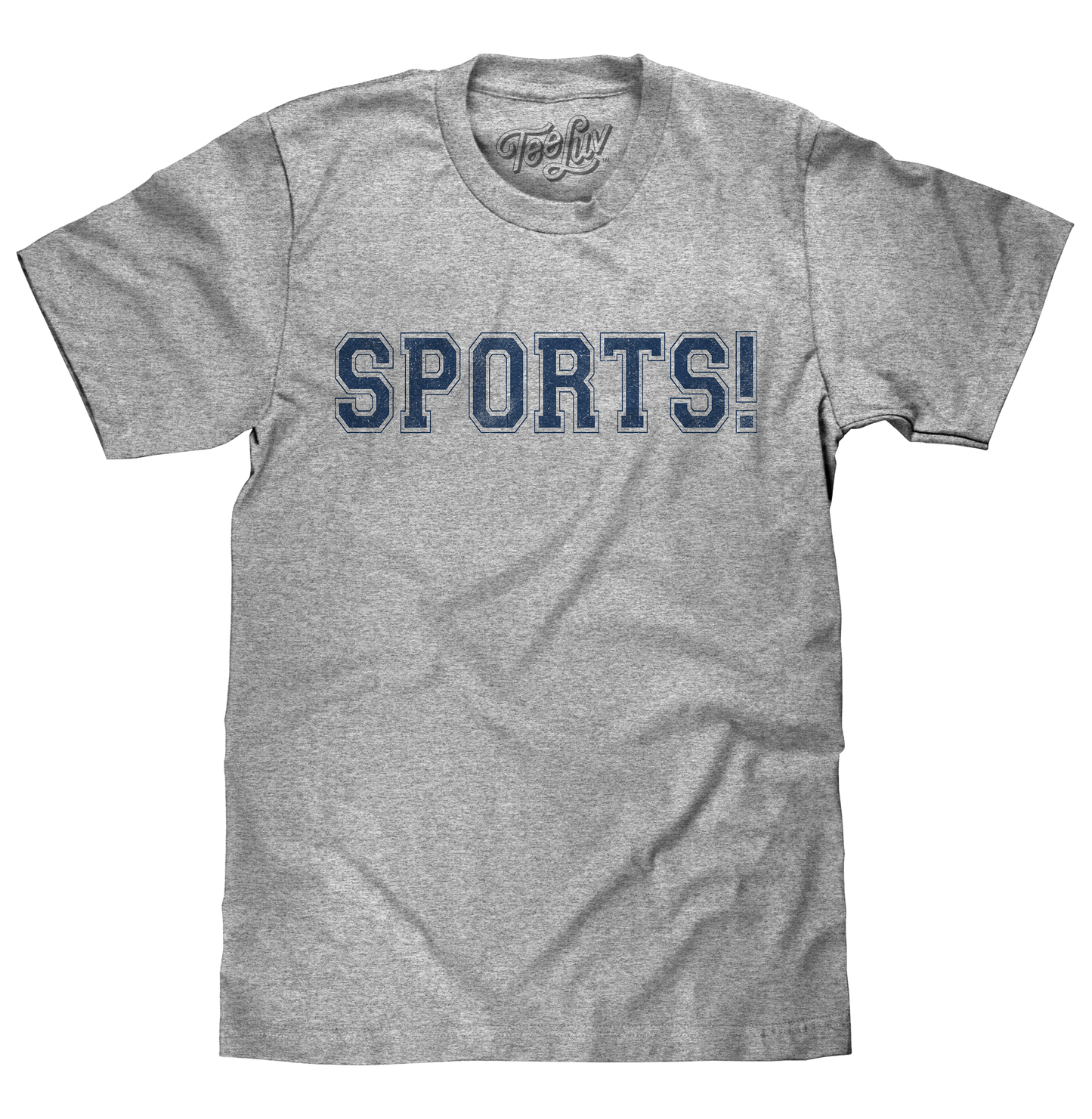 Gray t-shirt with 'SPORTS!' text on a white background
