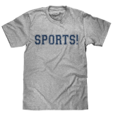 Gray t-shirt with 'SPORTS!' text on a white background